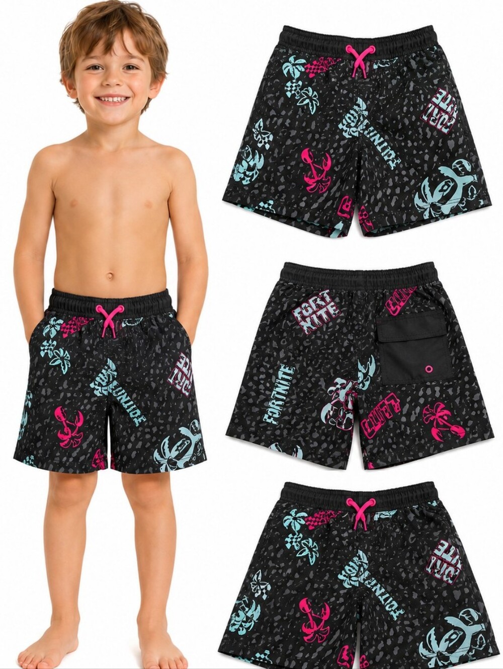 FORTNITE Boys Black Graphic Swim Trunks with Pink & Aqua Accents SIZE XS 4-5 NWT